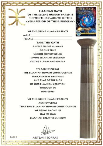 ELLANIAN OATH OF THE ELLENE HUMAN PARENTS IN THE THIRD MONTH OF THE CYESIS PERIOD OF THEIR PROGENY